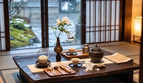 bàn trà đạo phong cách Wabi Sabi