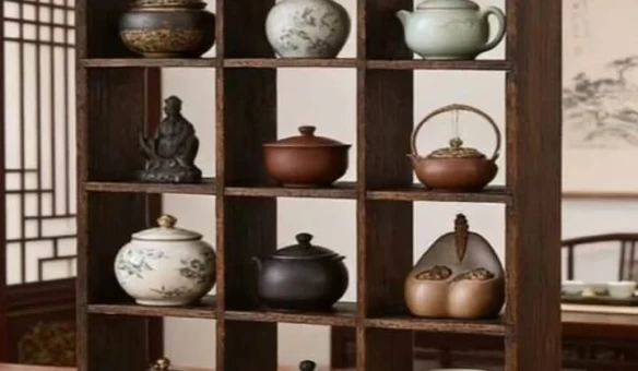  Kệ trưng bày ấm chén trà đạo gỗ lũa