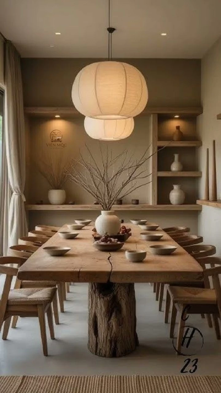 Bàn ăn gỗ lũa chân trụ