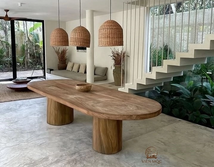 Bàn ăn gỗ lũa chân trụ