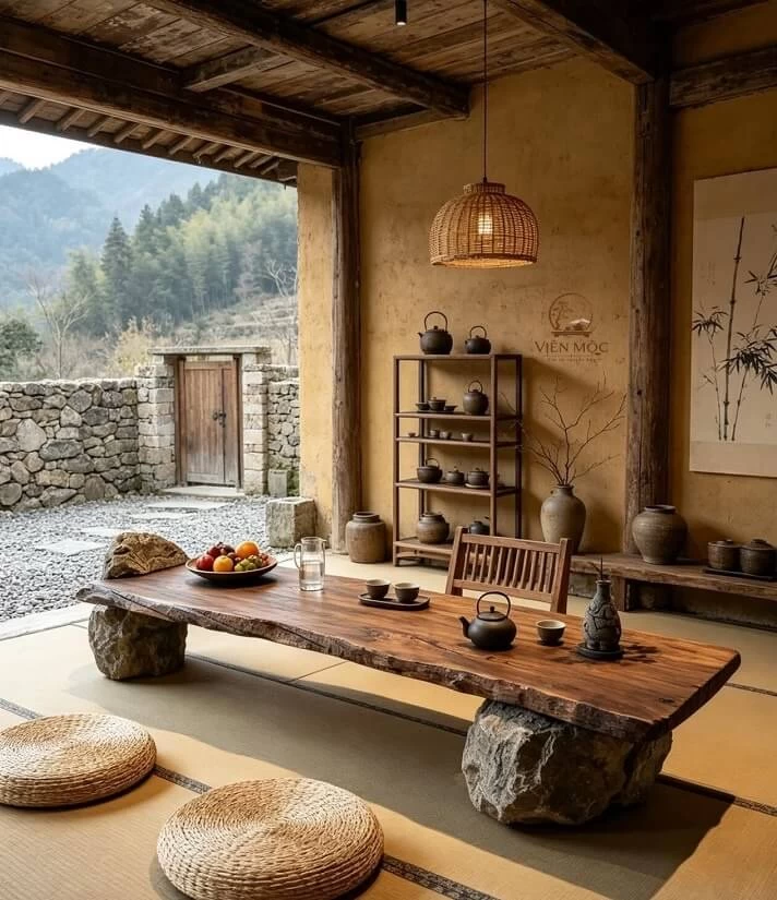 Bàn trà gỗ lũa chân đá