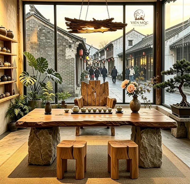 Bàn trà gỗ lũa chân đá