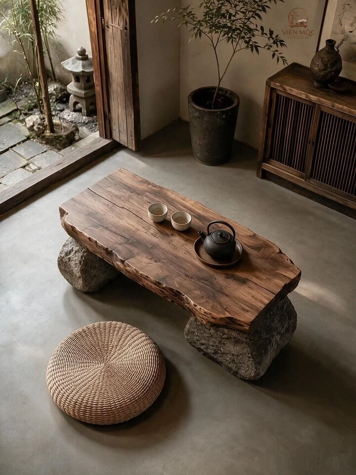 Bàn trà gỗ lũa chân đá