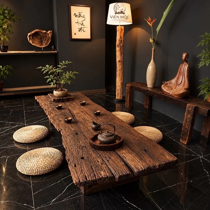 Bàn trà đạo gỗ lũa hình chữ nhật 