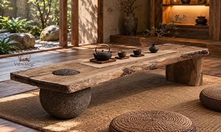 Bàn trà đạo gỗ lũa hình chữ nhật 
