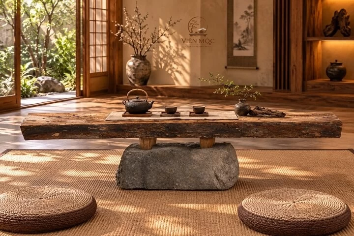 Bàn trà đạo gỗ lũa hình chữ nhật 