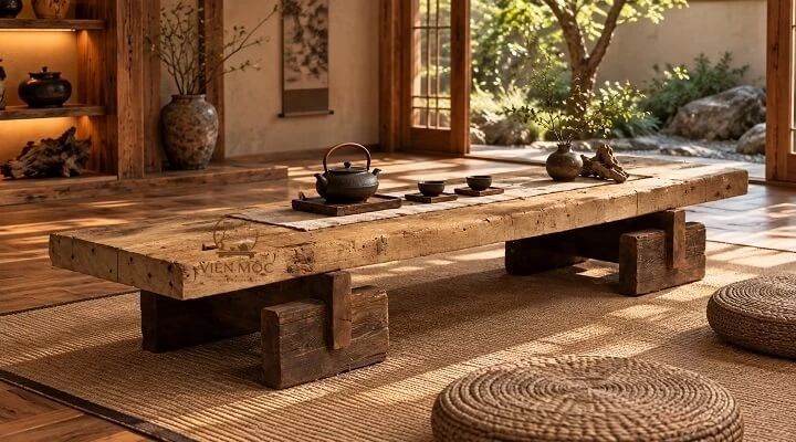 Bàn trà đạo gỗ lũa hình chữ nhật 