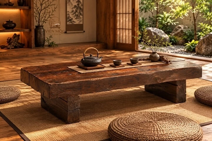 Bàn trà đạo gỗ lũa hình chữ nhật 