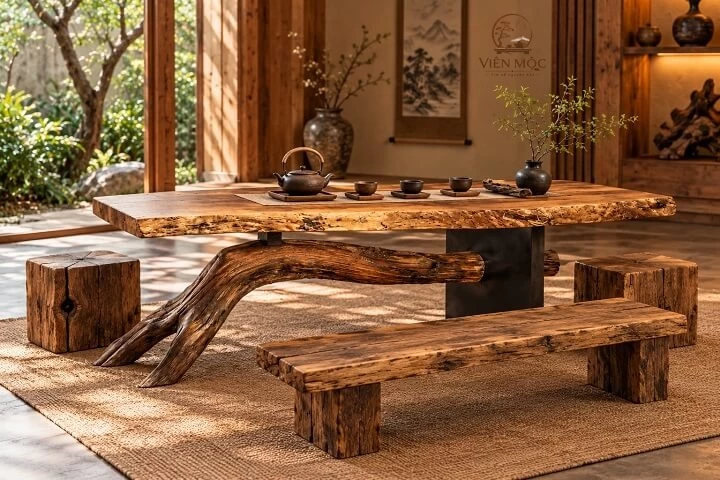 Bàn trà đạo gỗ lũa hình chữ nhật 