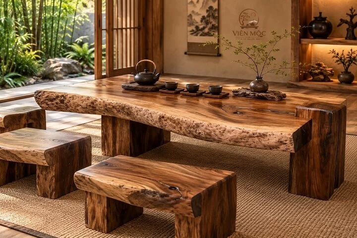 Bàn trà đạo gỗ lũa hình chữ nhật 