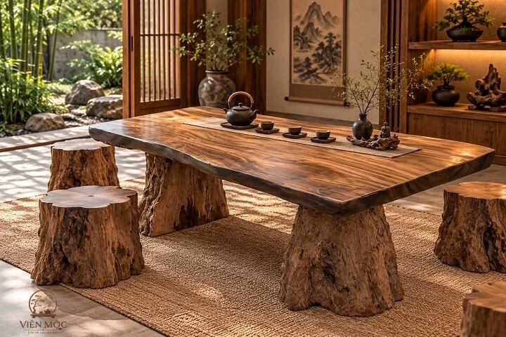 Bàn trà đạo gỗ lũa hình chữ nhật 