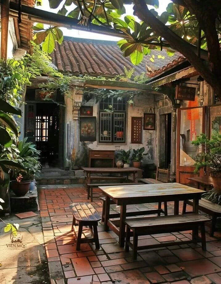 Bàn trà đạo ngồi sân vườn