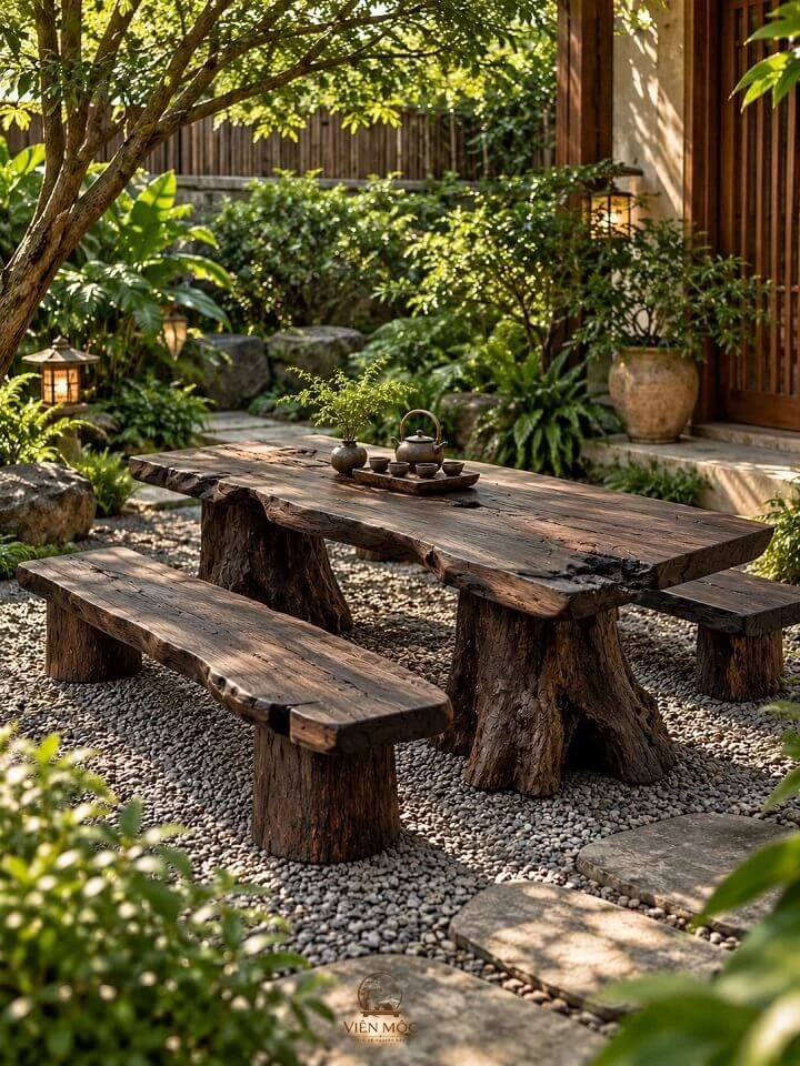 Bàn trà đạo ngồi sân vườn