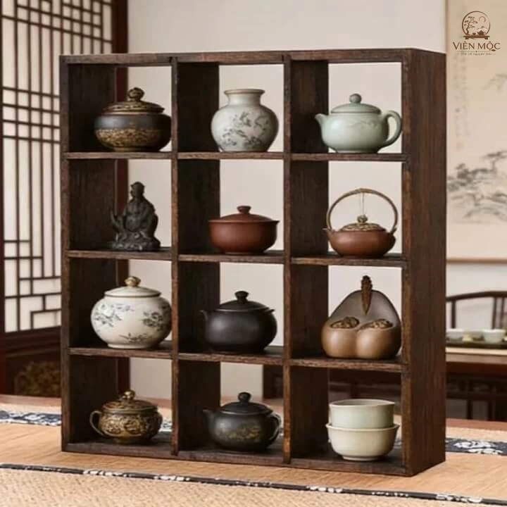  Kệ trưng bày ấm chén trà đạo gỗ lũa