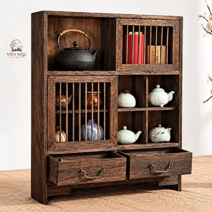  Kệ trưng bày ấm chén trà đạo gỗ lũa