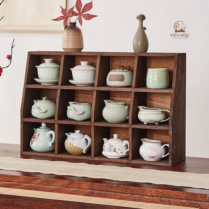  Kệ trưng bày ấm chén trà đạo gỗ lũa