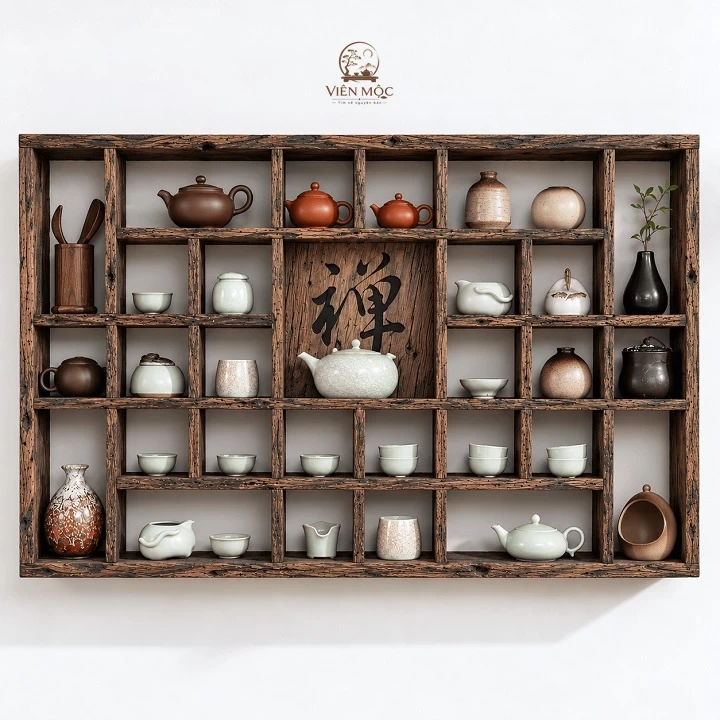  Kệ trưng bày ấm chén trà đạo gỗ lũa
