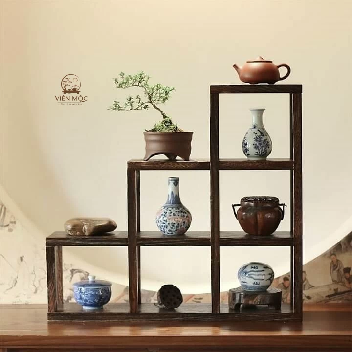  Kệ trưng bày ấm chén trà đạo gỗ lũa