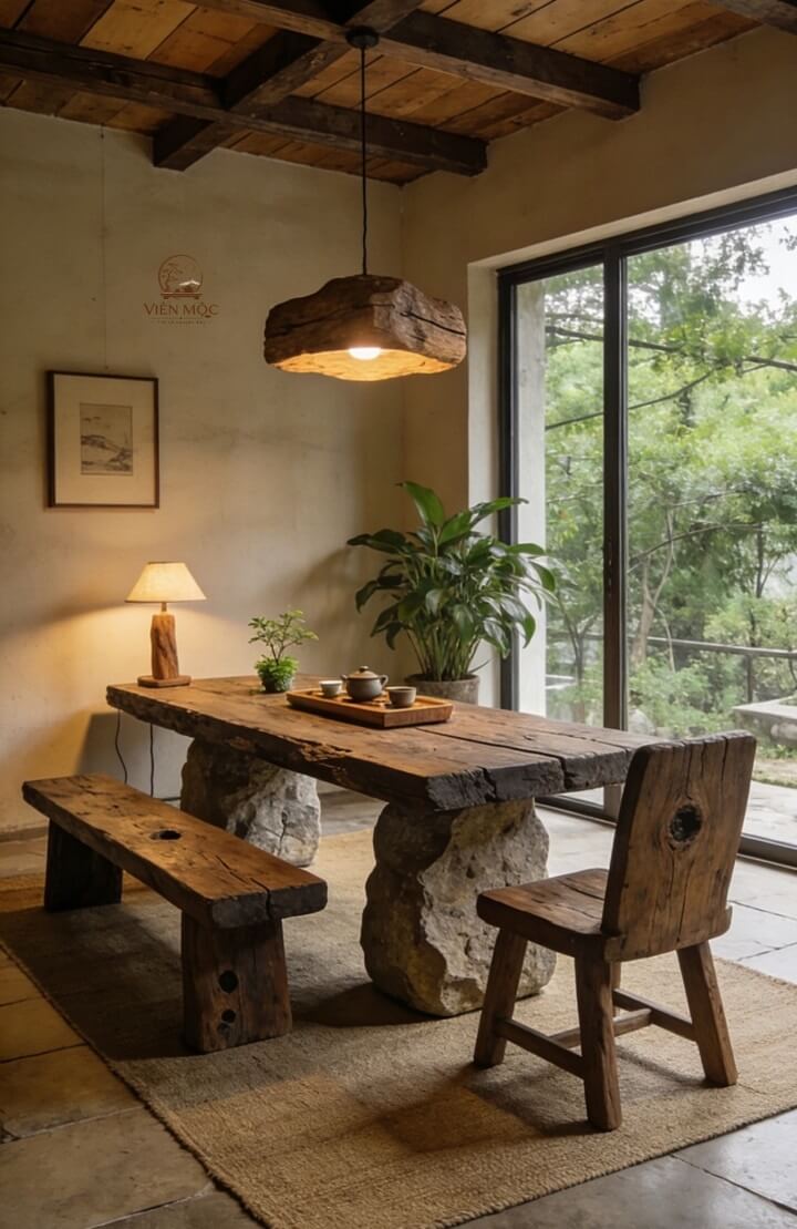 Cách chế tác bàn gỗ lũa chân đá tỉ mỉ 