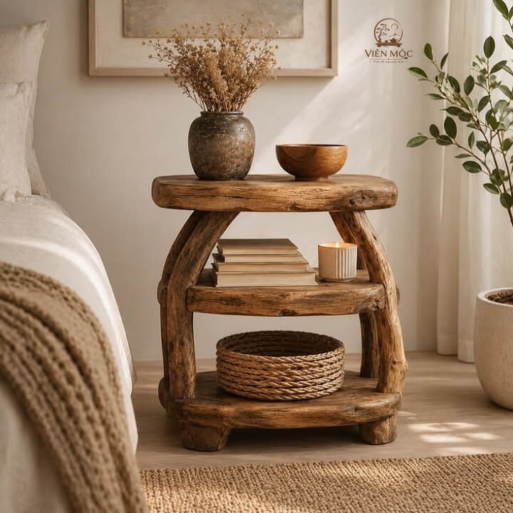Chọn gỗ lũa cho tab đặt đầu giường phong cách